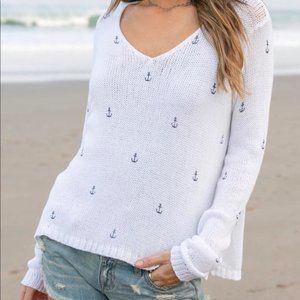 WOODEN SHIPS Anchor V Neck Sweater cotton blend white navy small/medium